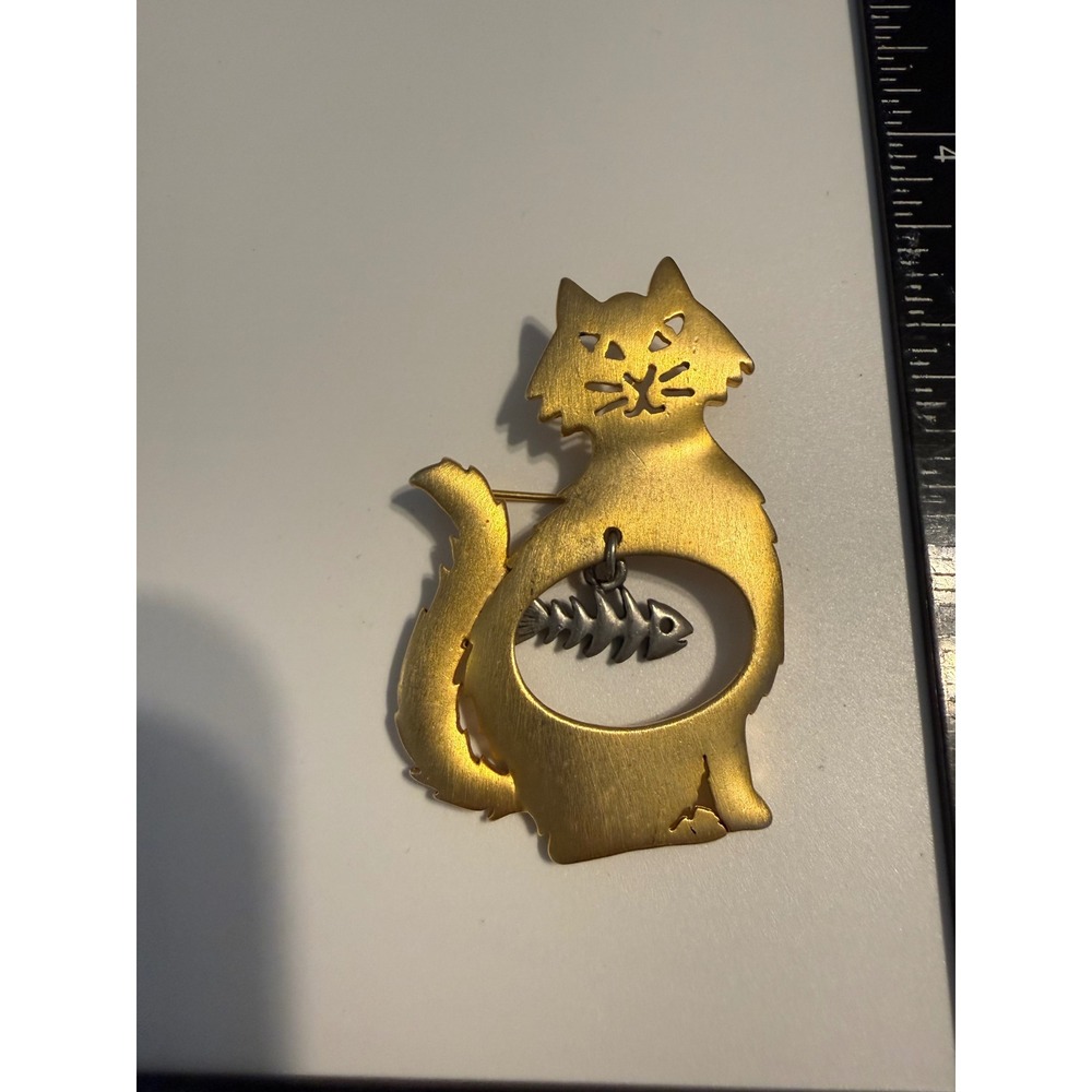 Vintage JJ Jonette Jewelry Gold Tone Cat Brooch with Dangling Fish Skeleton Pin